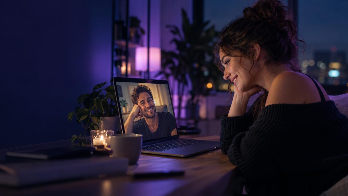 Two adults enjoying a video conversation from home